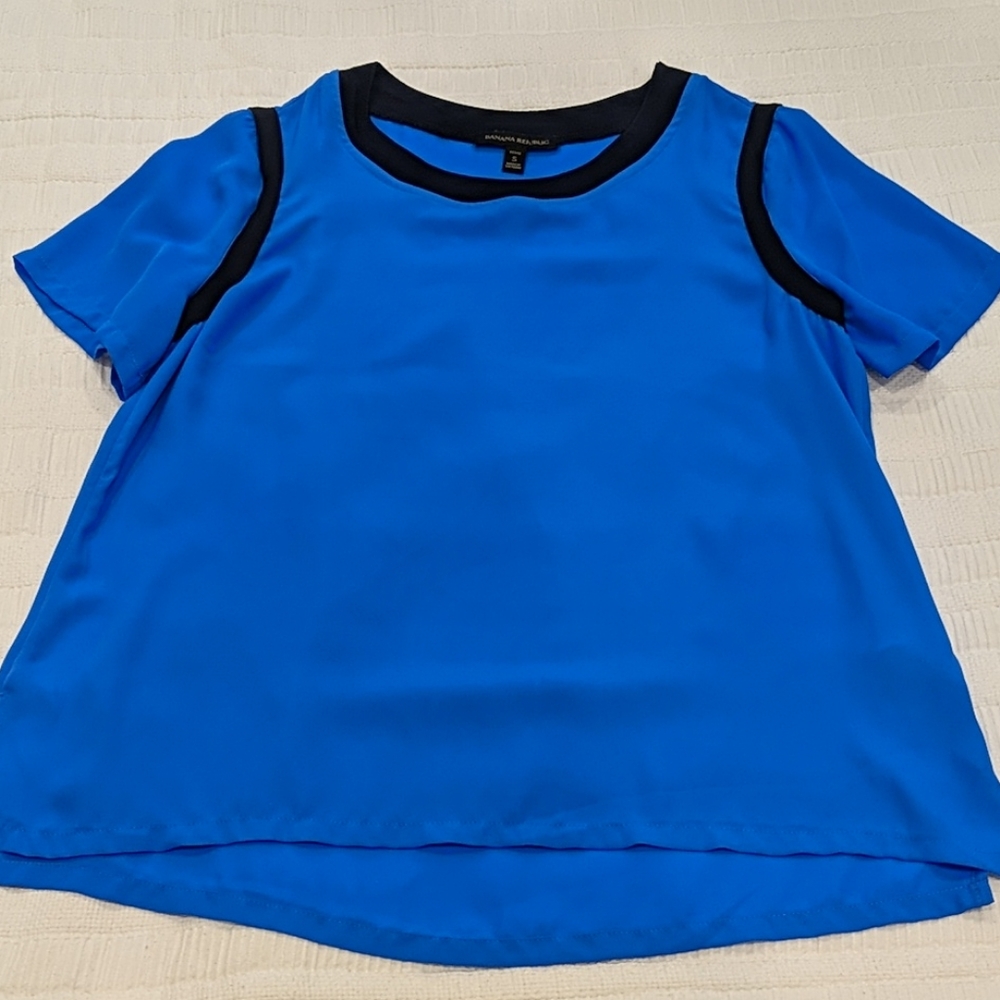 BR Petite Blue & Black Sheer Blouse